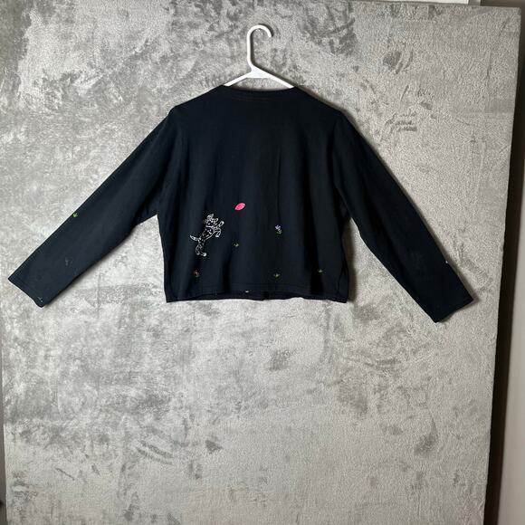 Vintage Whimsical Puppy Embroidered Cardigan Black Button Up Dog Lover Medium - Picture 5 of 7